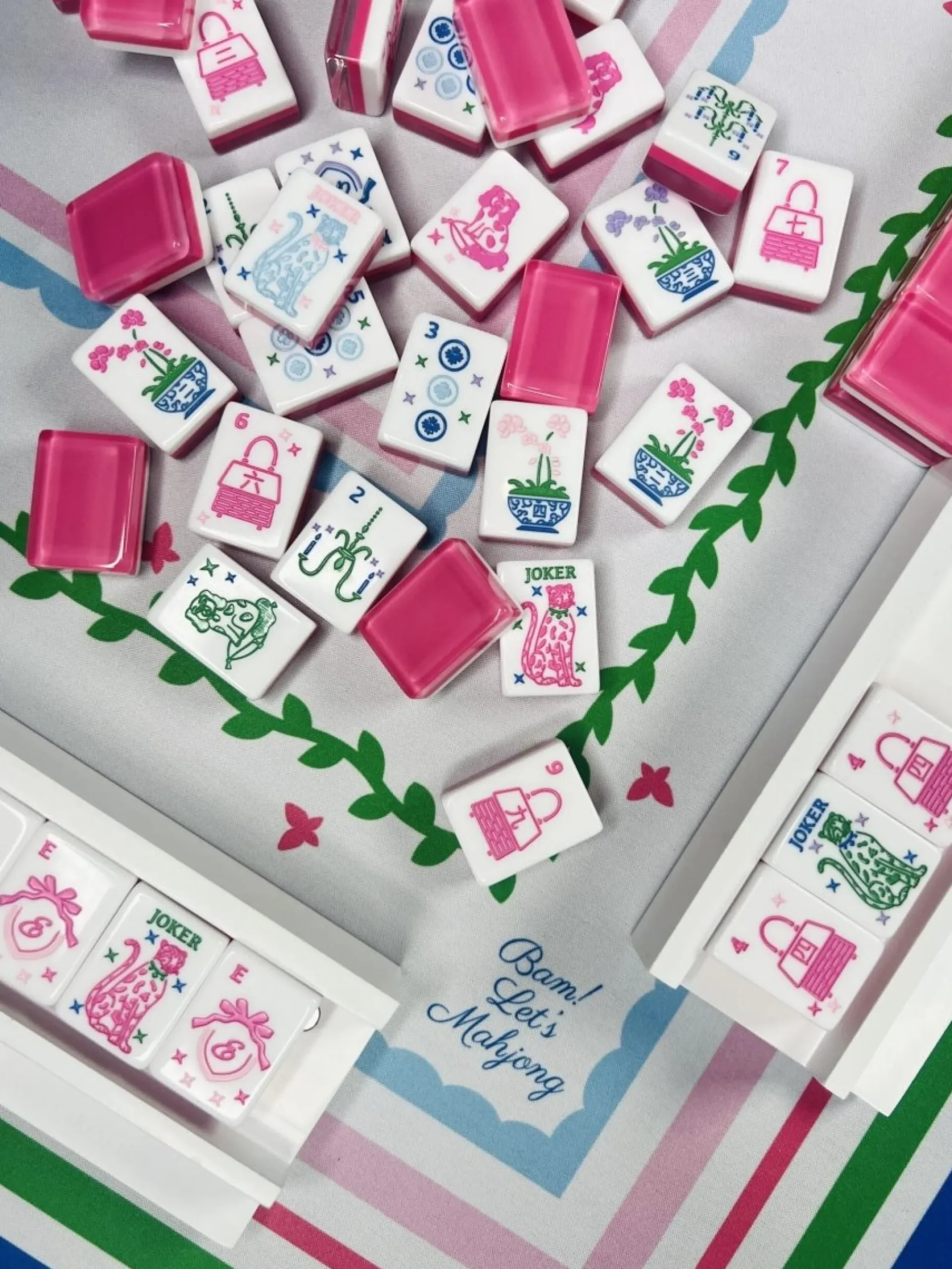 Bam! Let's Mahjong in Grandmillennial Mahjong Tiles With Mat & Shufflers