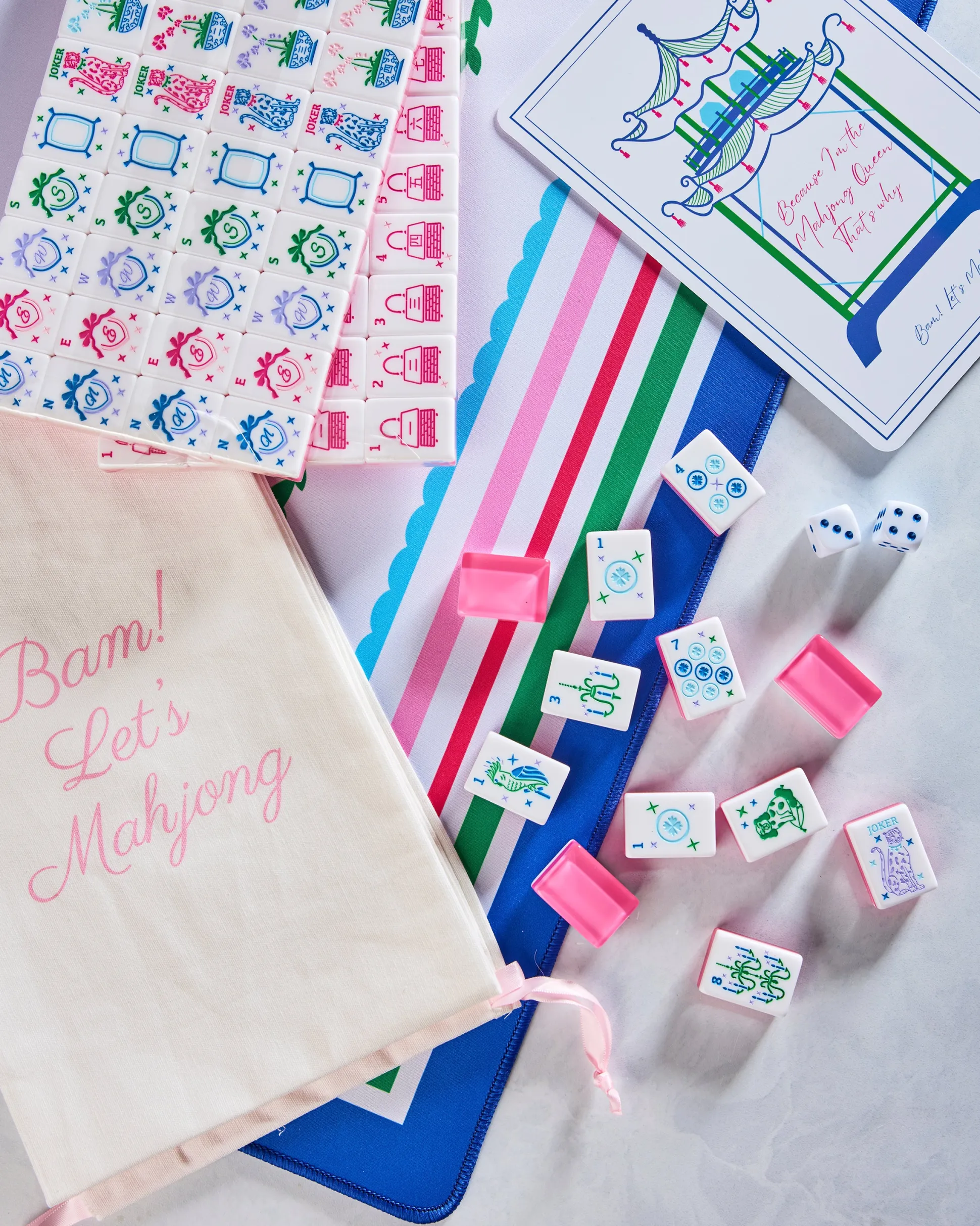Bam! Let's Mahjong in Grandmillennial Mahjong Tiles With Mat & Shufflers