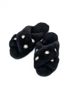Black Sheepskin Slippers with Rhinestones