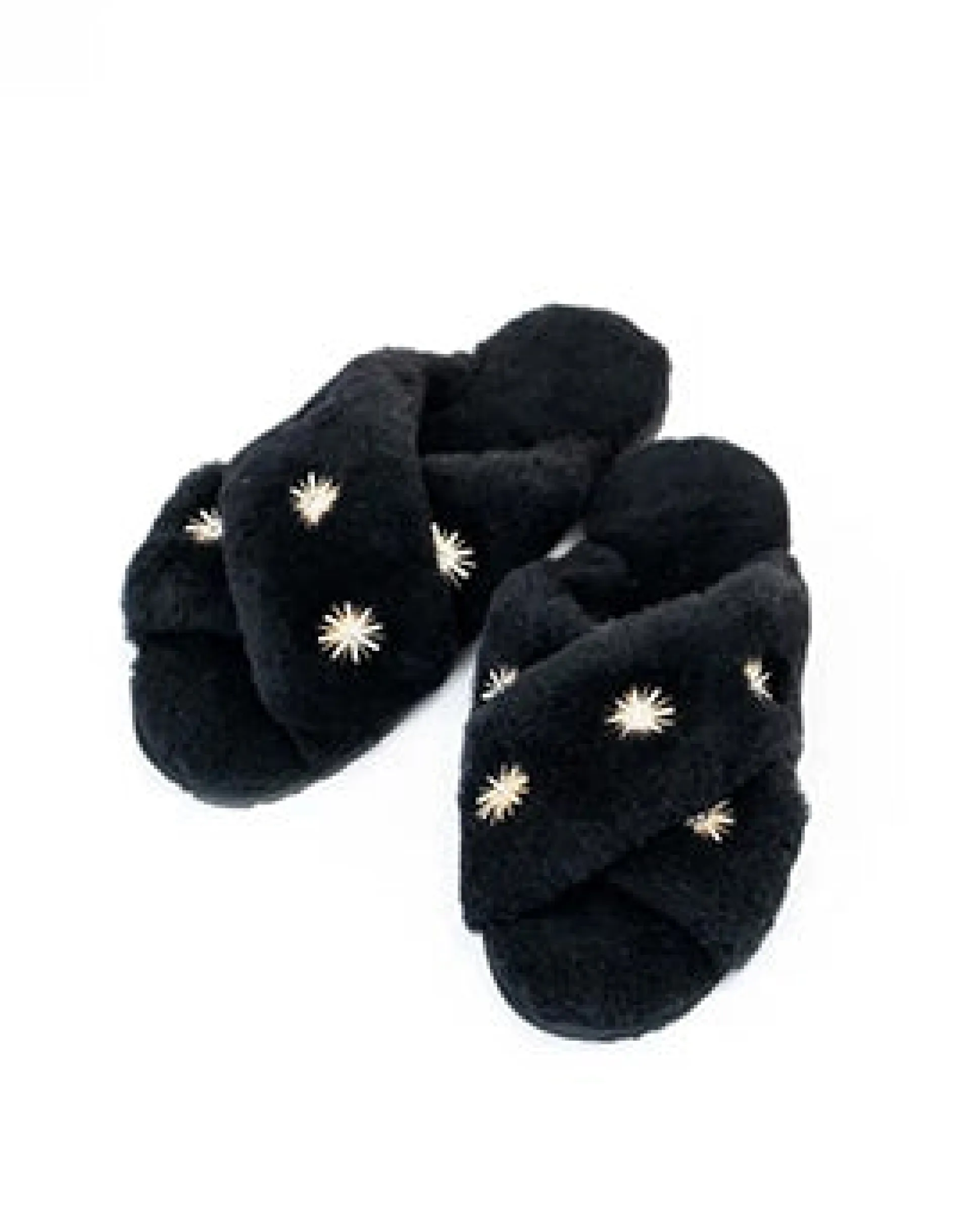 Black Sheepskin Slippers with Rhinestones