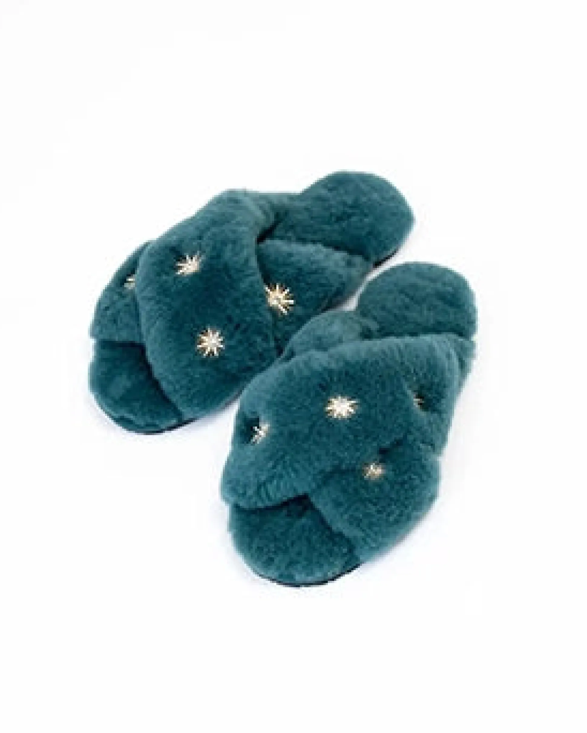 Blue Sheepskin Slippers with Rhinestones