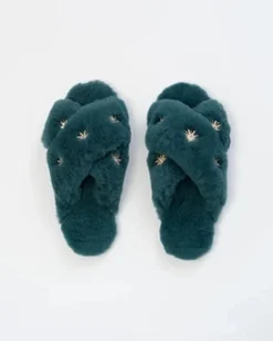 Blue Sheepskin Slippers with Rhinestones