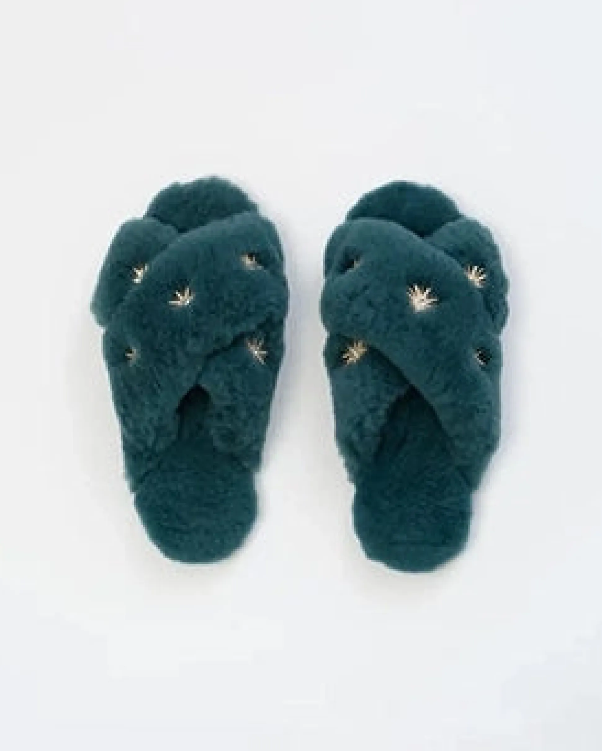 Blue Sheepskin Slippers with Rhinestones