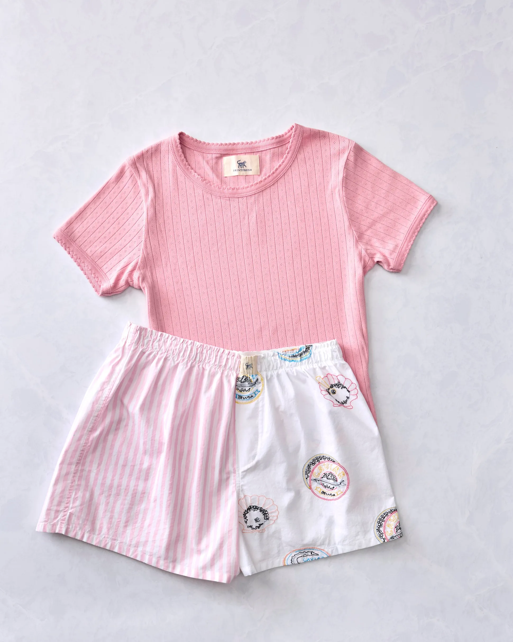 Boyfriend Boxers & Pointelle Short Sleeve Bundle in Embroidered Caviar Club