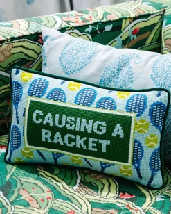 Causing A Racket Needlepoint Pillow in Green Combo