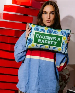 Causing A Racket Needlepoint Pillow in Green Combo
