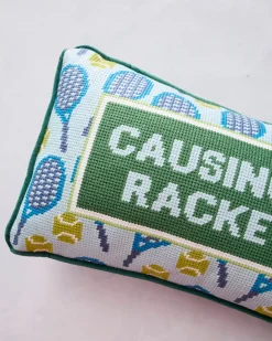 Causing A Racket Needlepoint Pillow in Green Combo