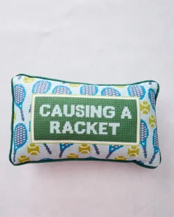 Causing A Racket Needlepoint Pillow in Green Combo