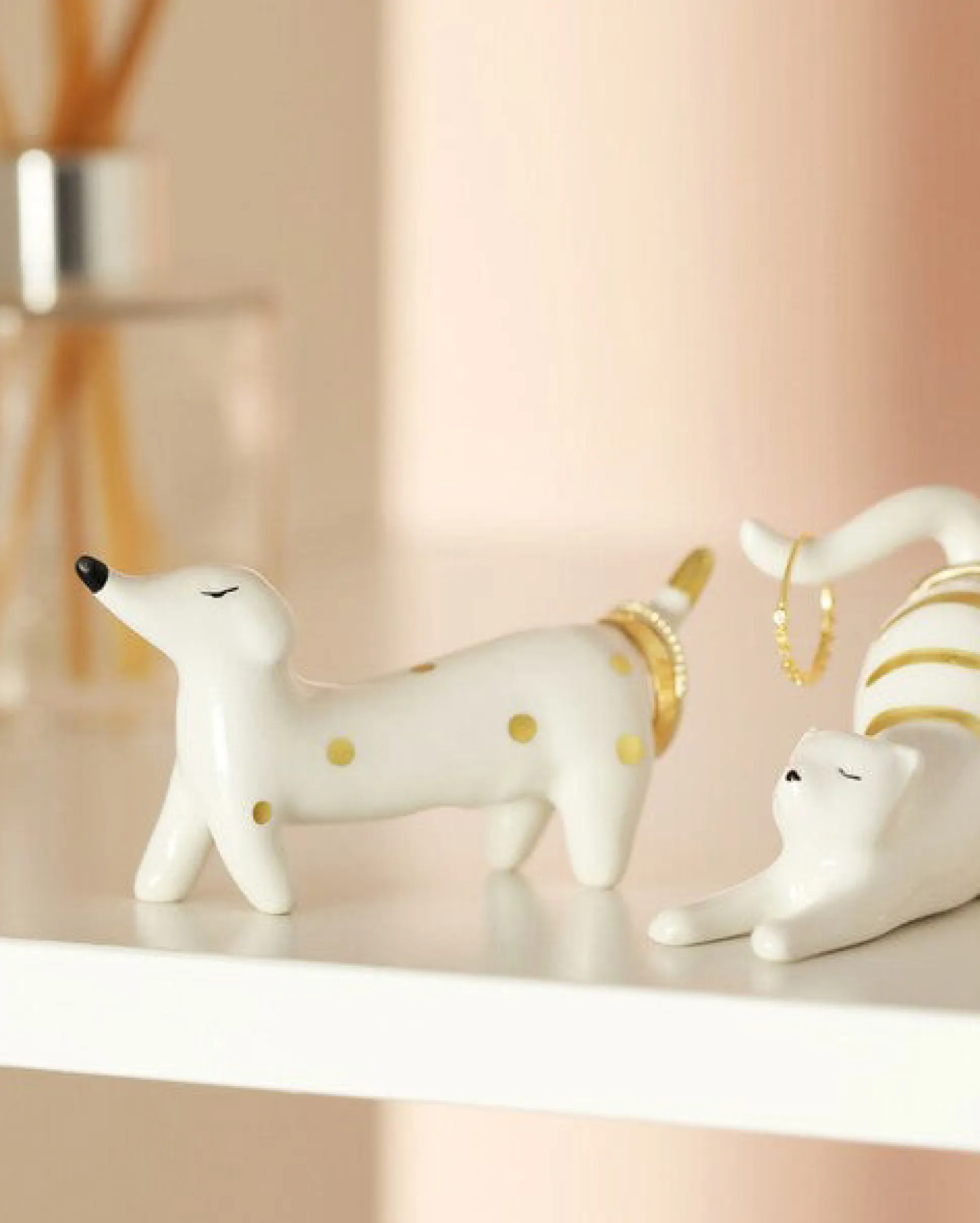 Ceramic Sausage Dog Ring Holder in White Combo