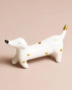 Ceramic Sausage Dog Ring Holder in White Combo