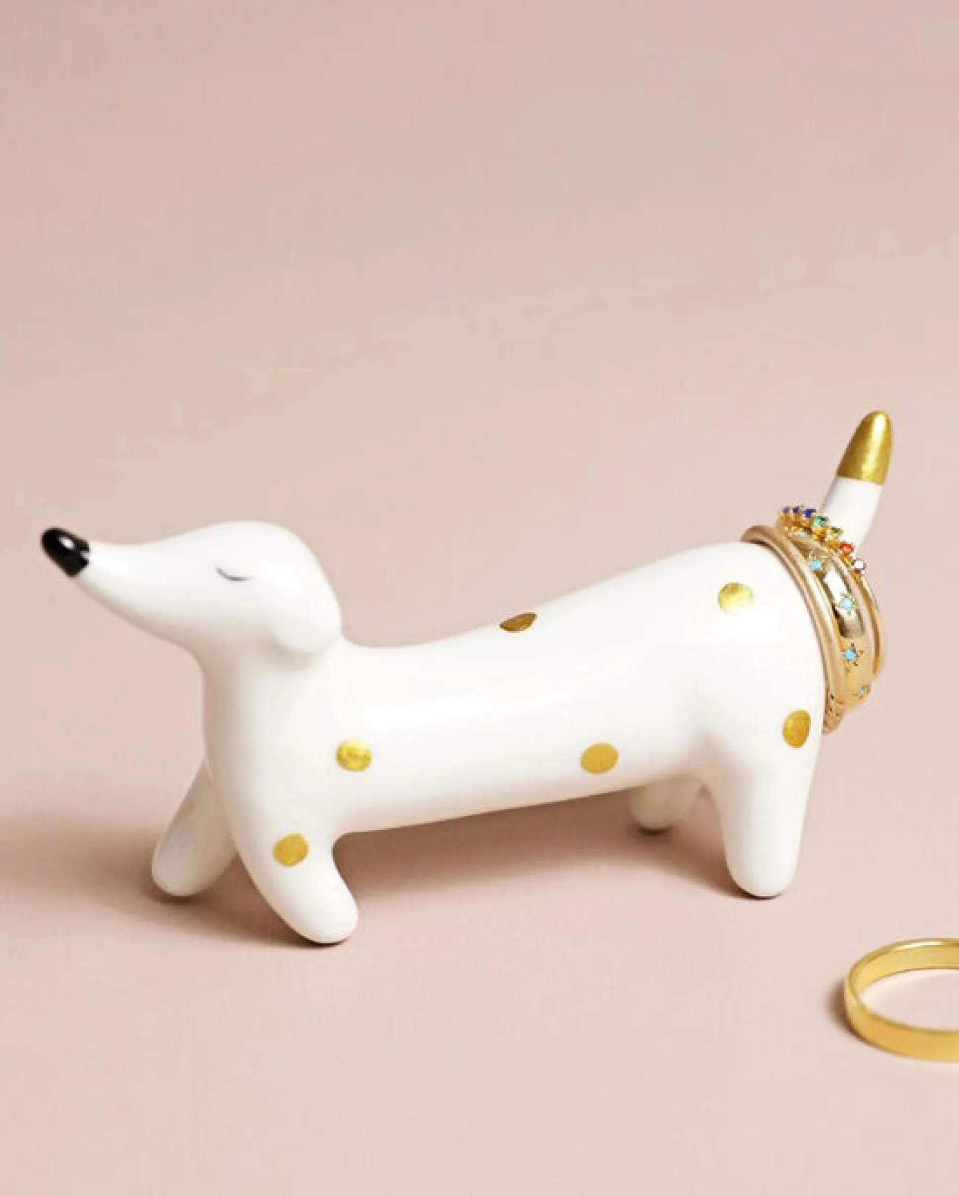 Ceramic Sausage Dog Ring Holder in White Combo
