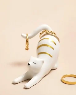 Ceramic Stretching Cat Ring Holder in White Combo