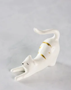 Ceramic Stretching Cat Ring Holder in White Combo