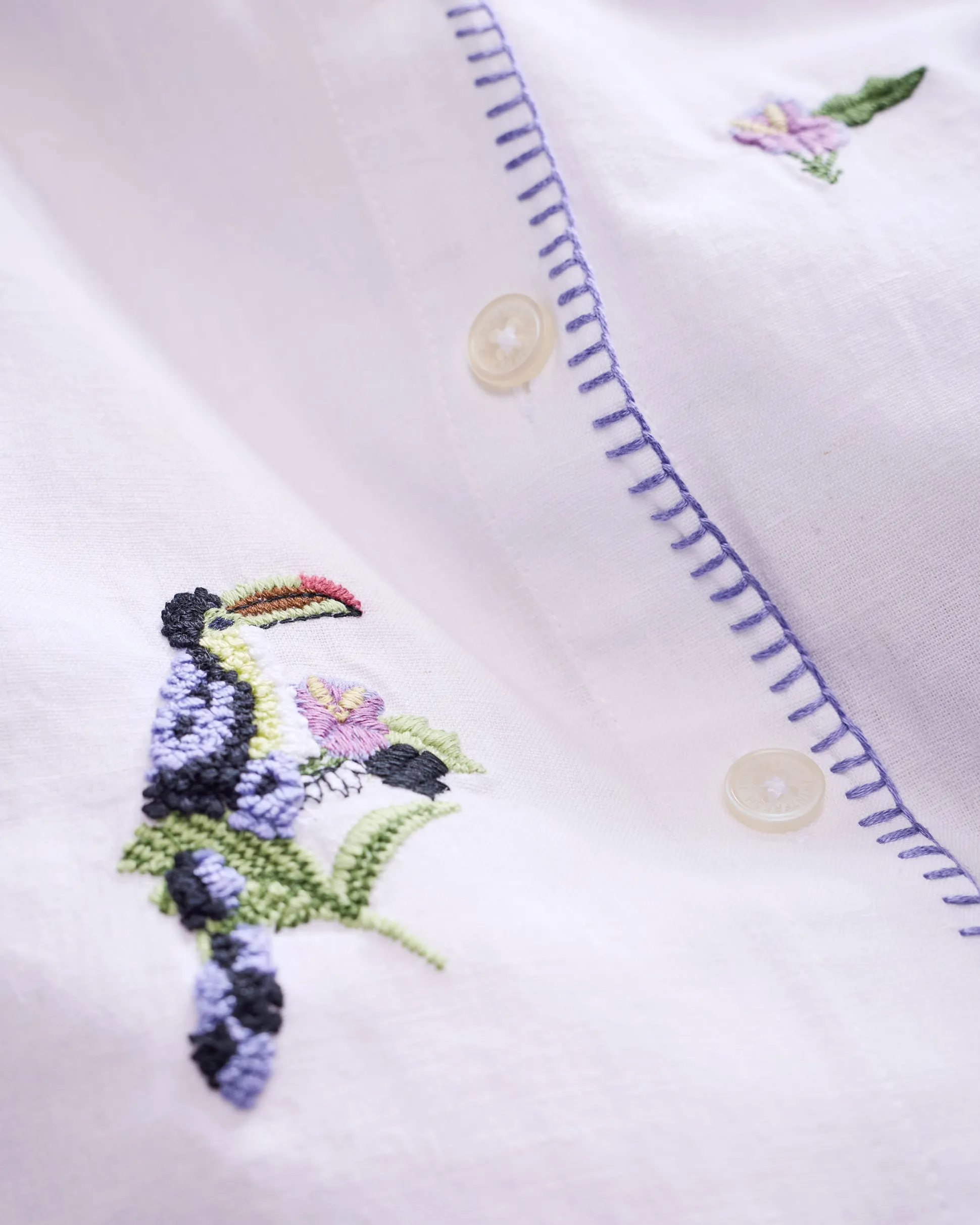 Cotton Linen Everyday Button Down in Embroidered Pineapple Toucan