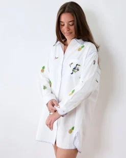 Cotton Linen Everyday Button Down in Embroidered Pineapple Toucan