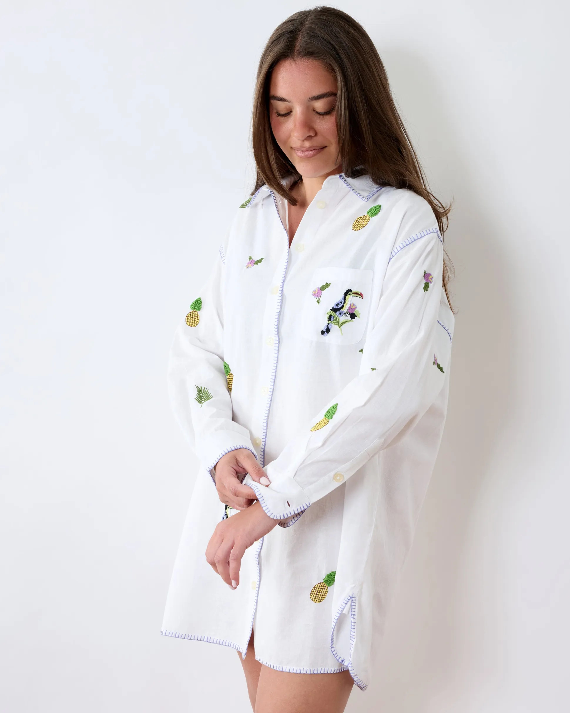 Cotton Linen Everyday Button Down in Embroidered Pineapple Toucan