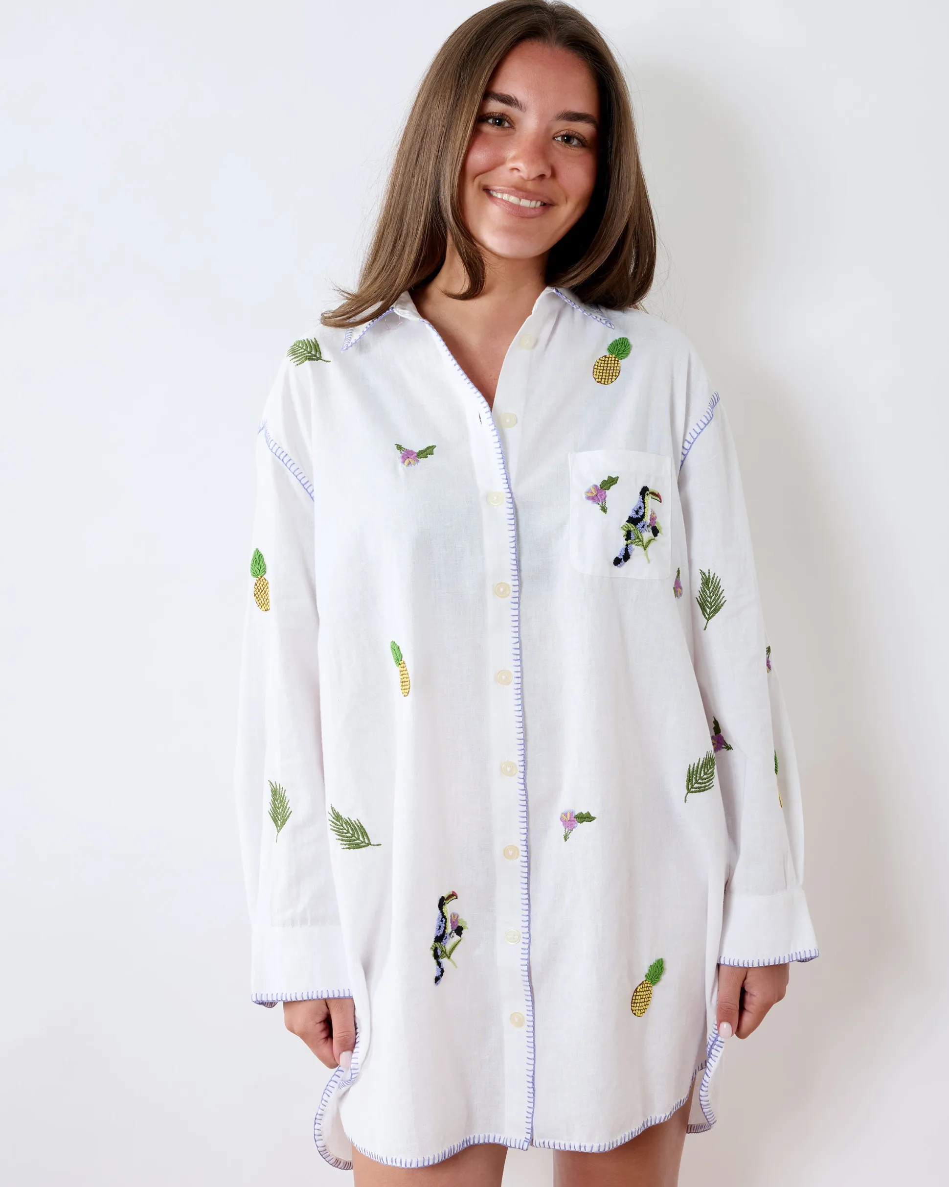 Cotton Linen Everyday Button Down in Embroidered Pineapple Toucan