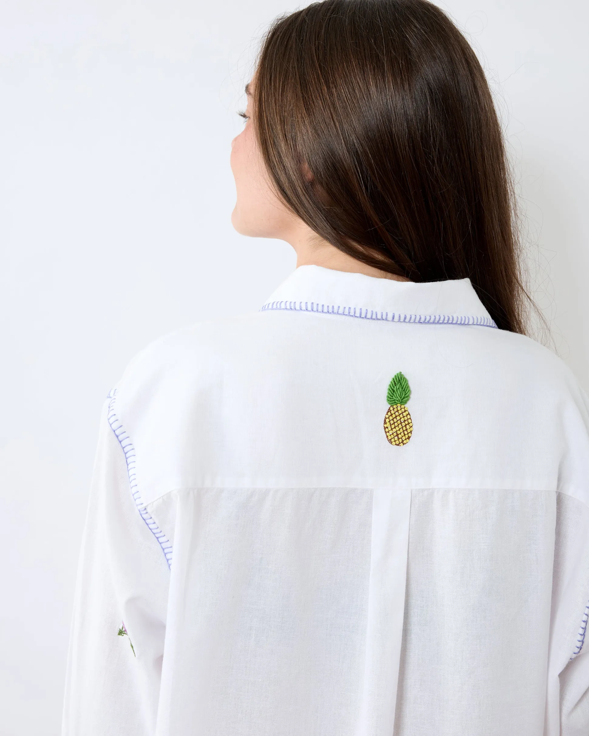 Cotton Linen Everyday Button Down in Embroidered Pineapple Toucan