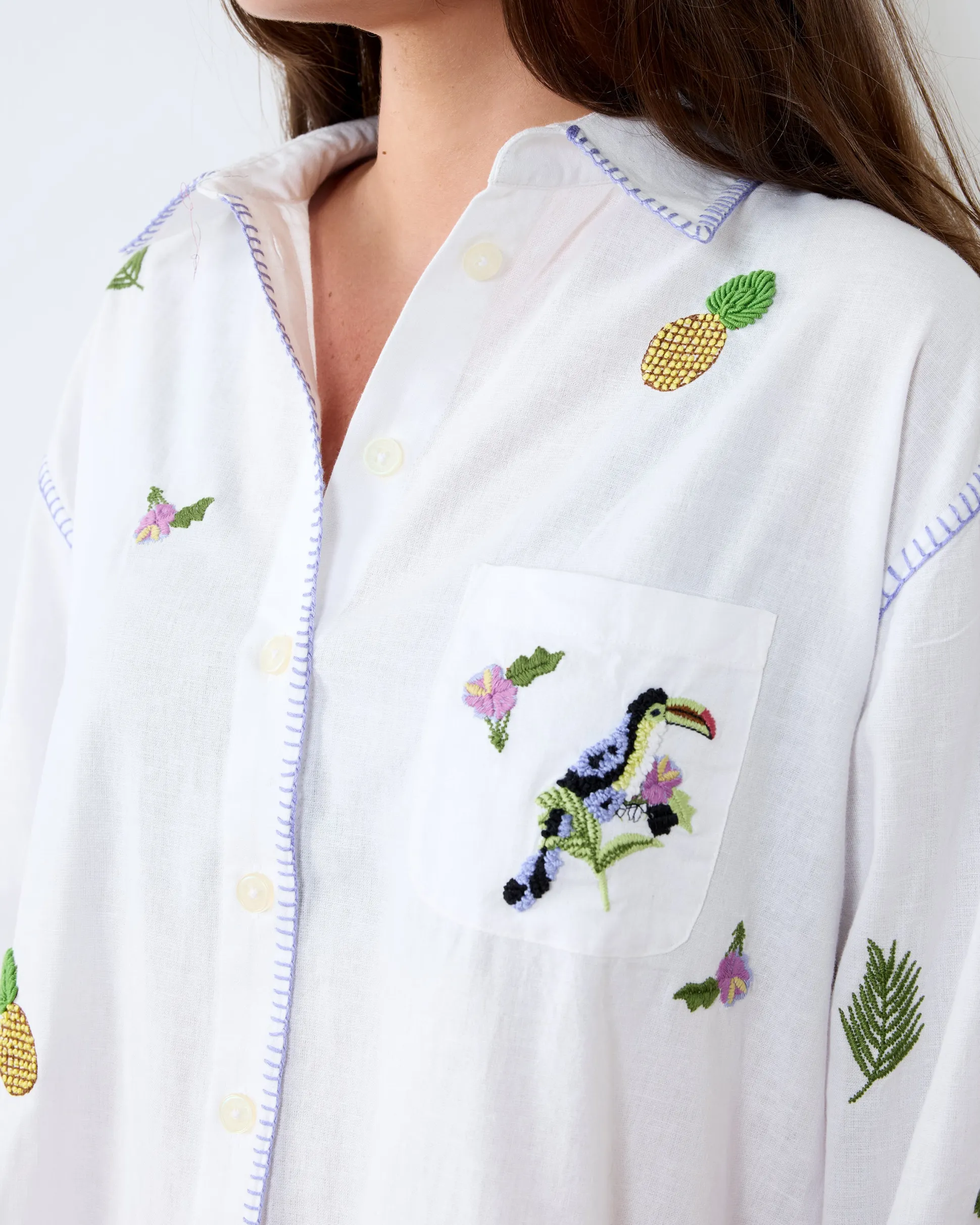 Cotton Linen Everyday Button Down in Embroidered Pineapple Toucan