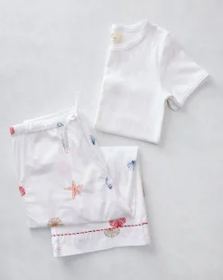 Cropped PJ Pants & Pointelle Short Sleeve Bundle in Embroidered Shells