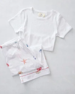 Cropped PJ Pants & Pointelle Short Sleeve Bundle in Embroidered Shells