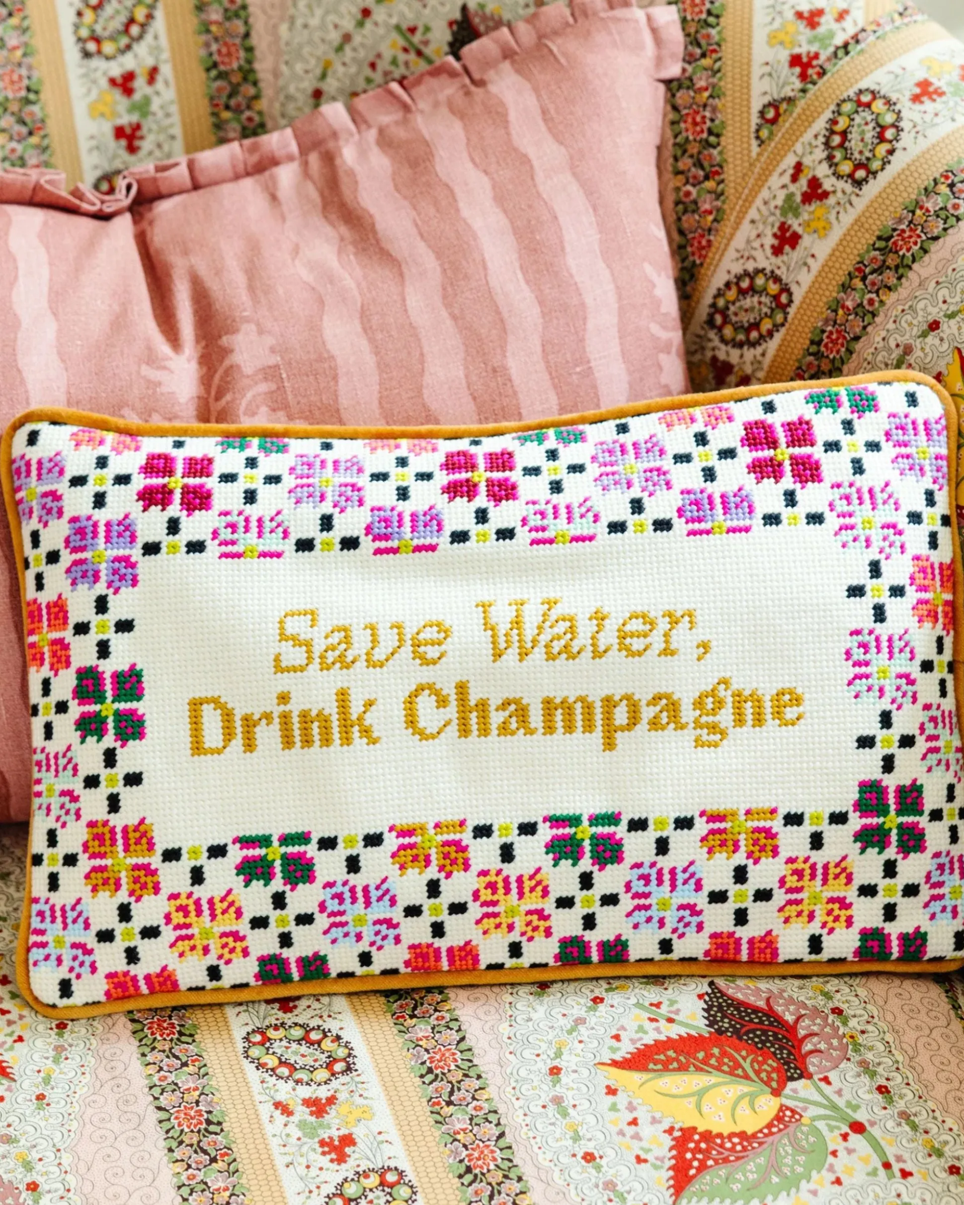 Drink Champagne Needlepoint Pillow in Ivory