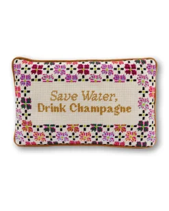 Drink Champagne Needlepoint Pillow in Ivory