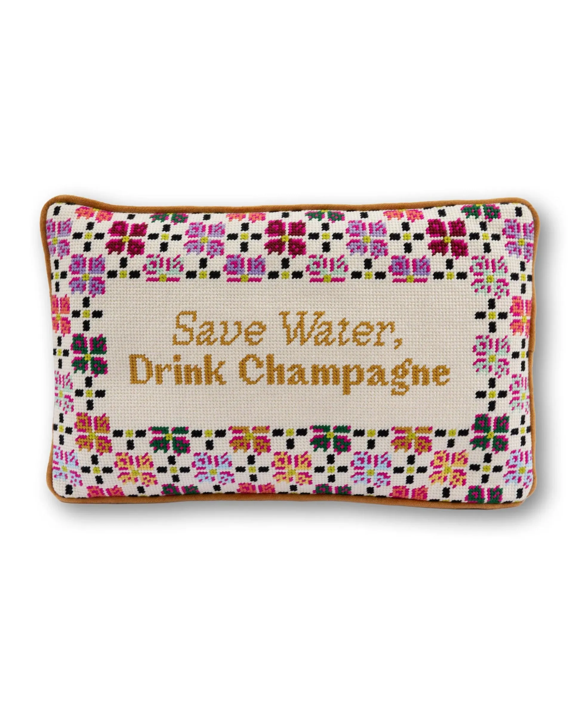 Drink Champagne Needlepoint Pillow in Ivory