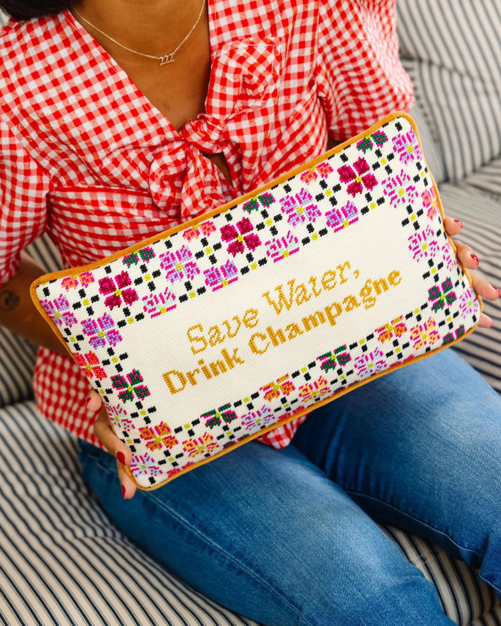 Drink Champagne Needlepoint Pillow in Ivory