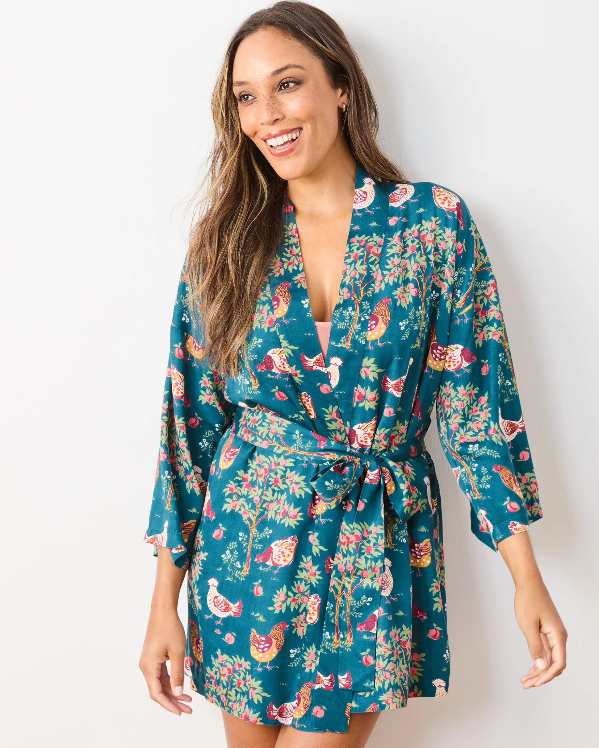 Eco Satin Glam Mini Robe in Hen House