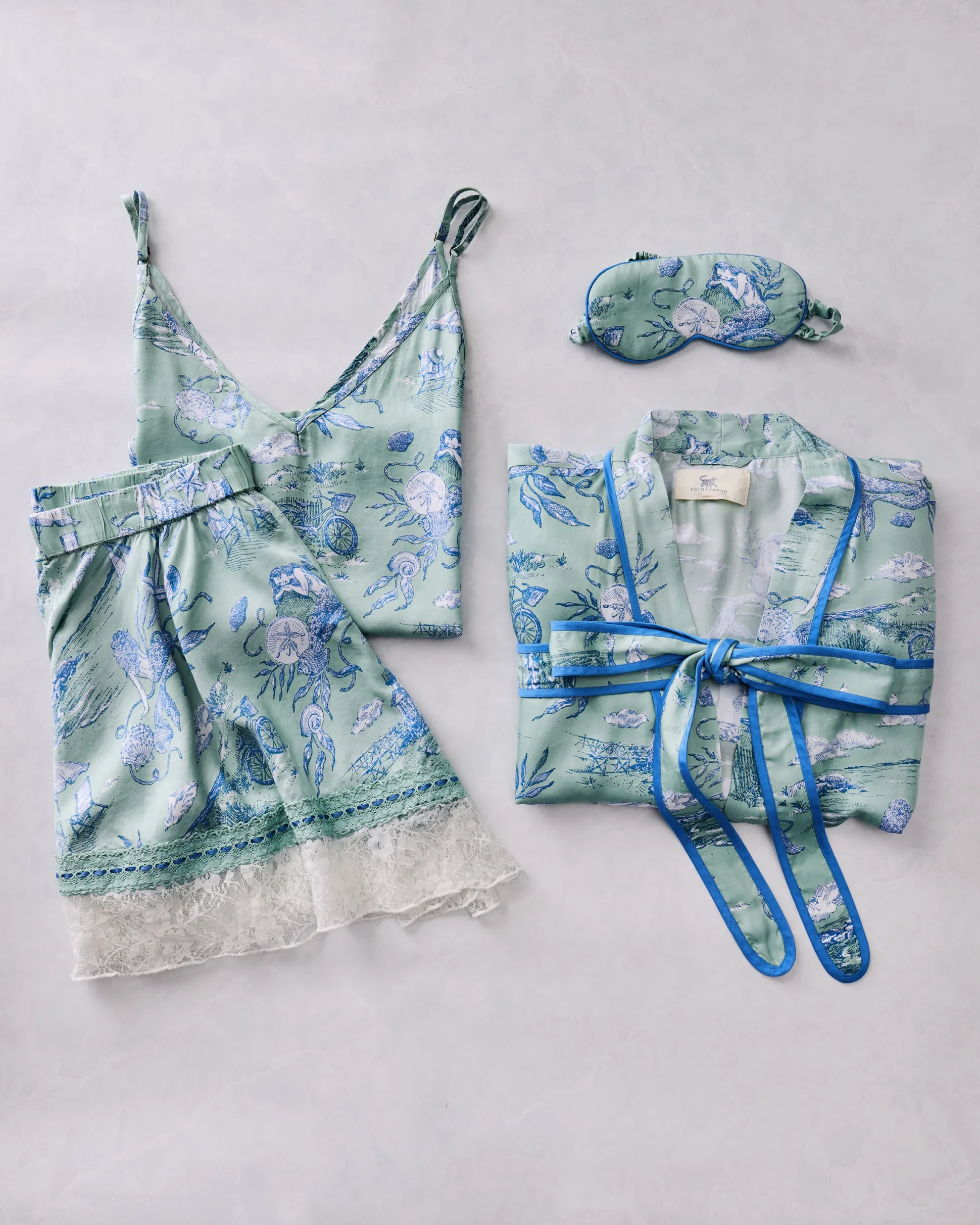Eco Satin Robe, Pamela & Eyemask Bundle in Mermaid Toile