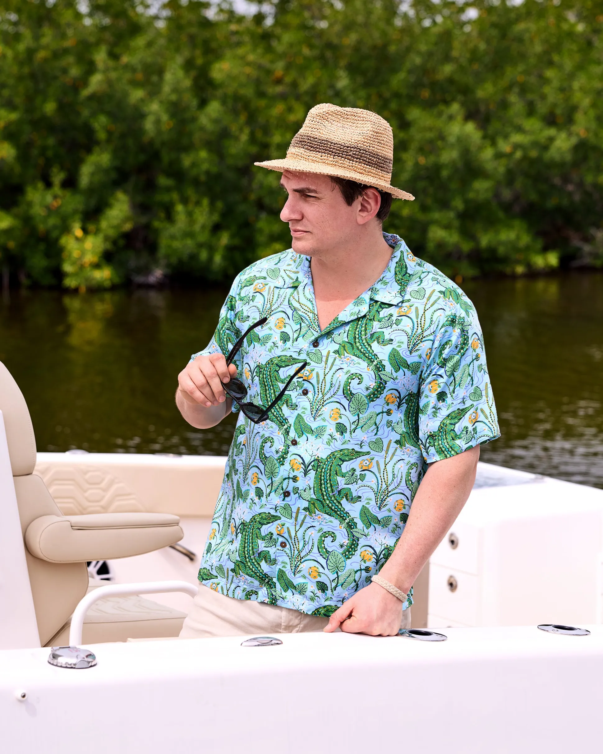 Eco Satin Vacation Camp Shirt in Gator Grove