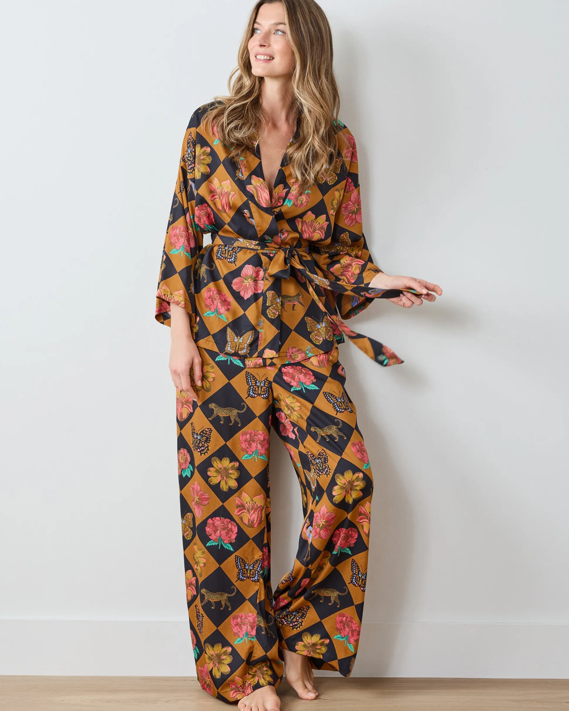 Eco Satin Wrap PJ Set in Botanical Checkerboard