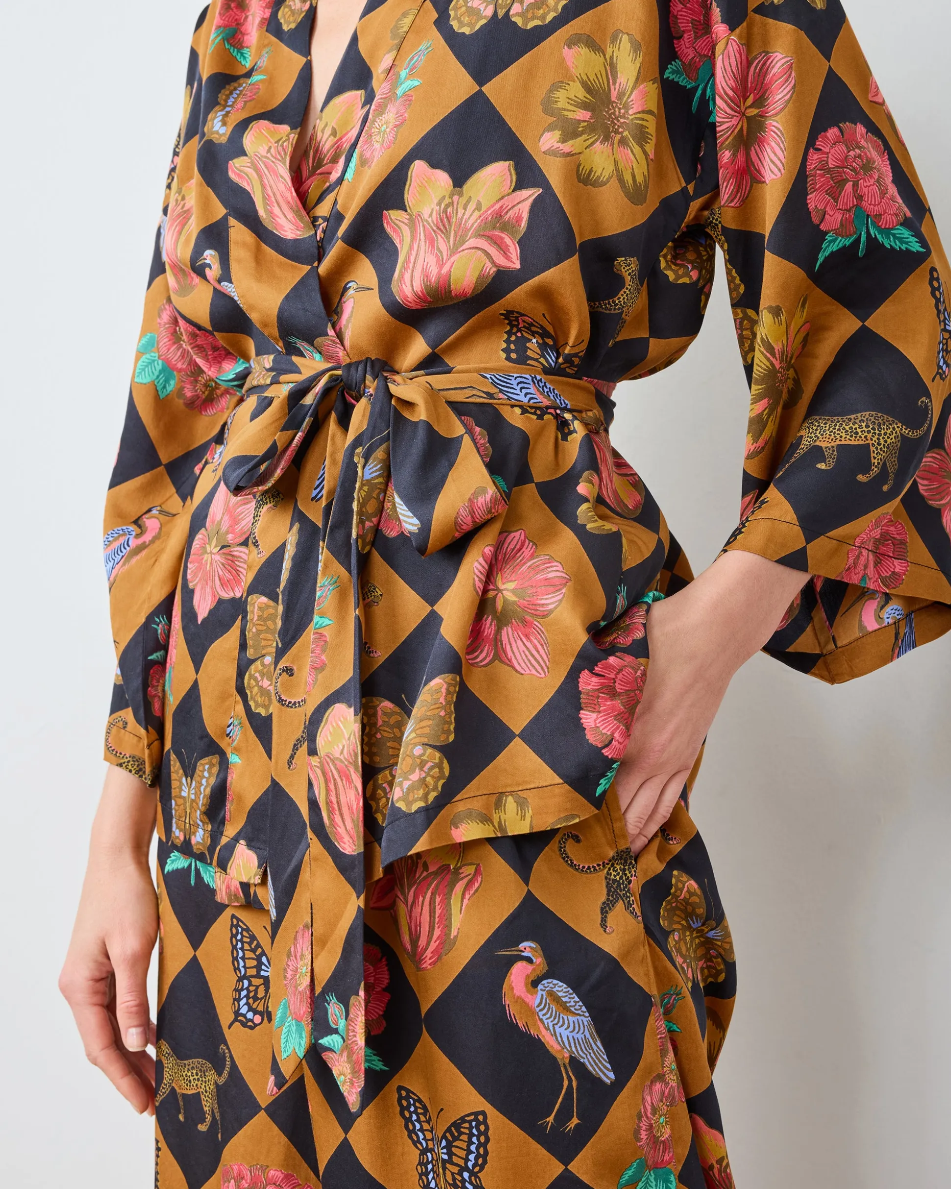 Eco Satin Wrap PJ Set in Botanical Checkerboard