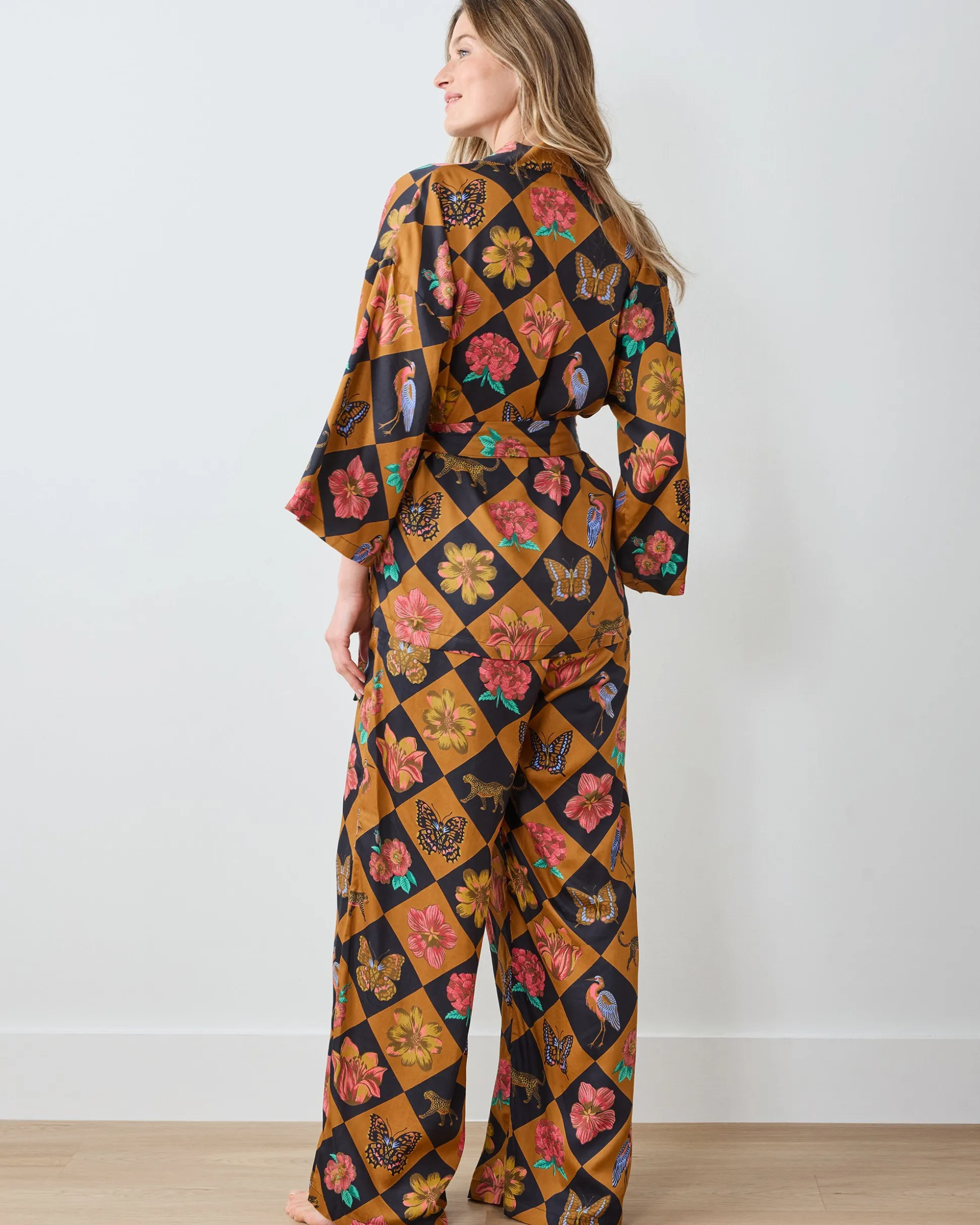 Eco Satin Wrap PJ Set in Botanical Checkerboard