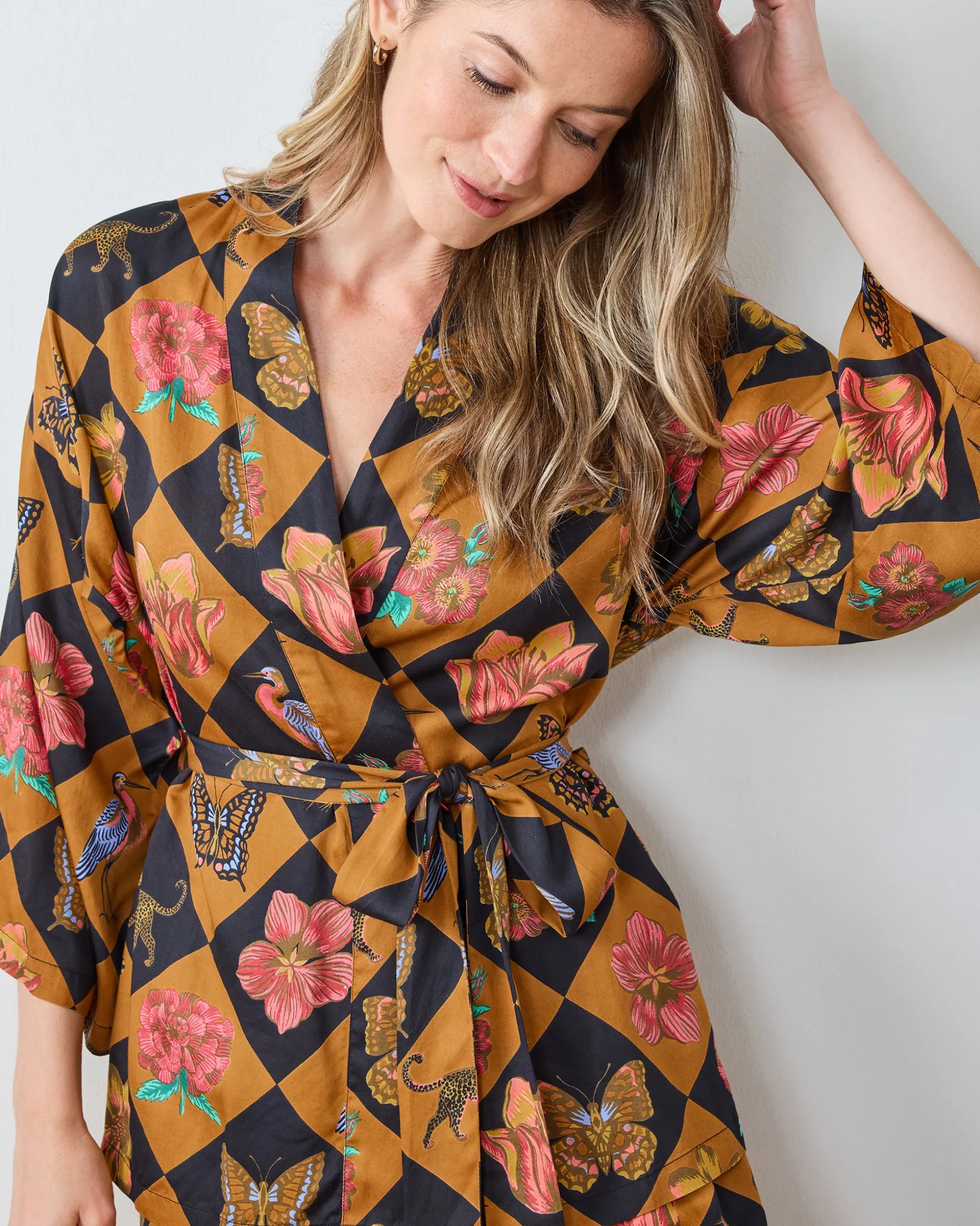 Eco Satin Wrap PJ Set in Botanical Checkerboard