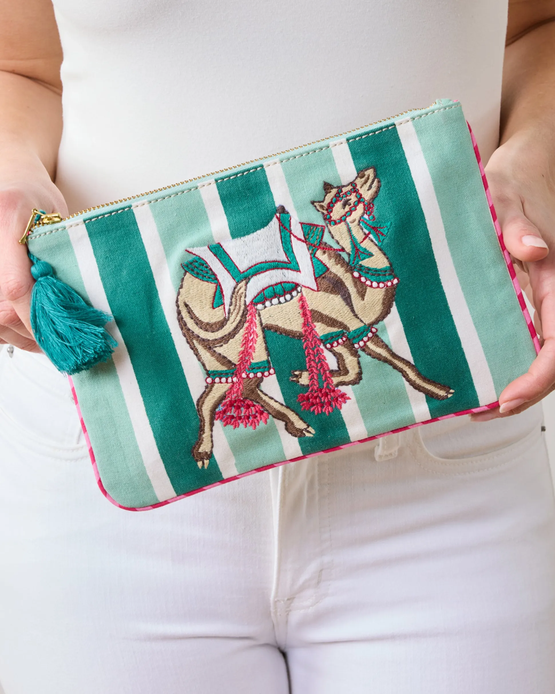Embroidered Pouch in Camel's Courtyard