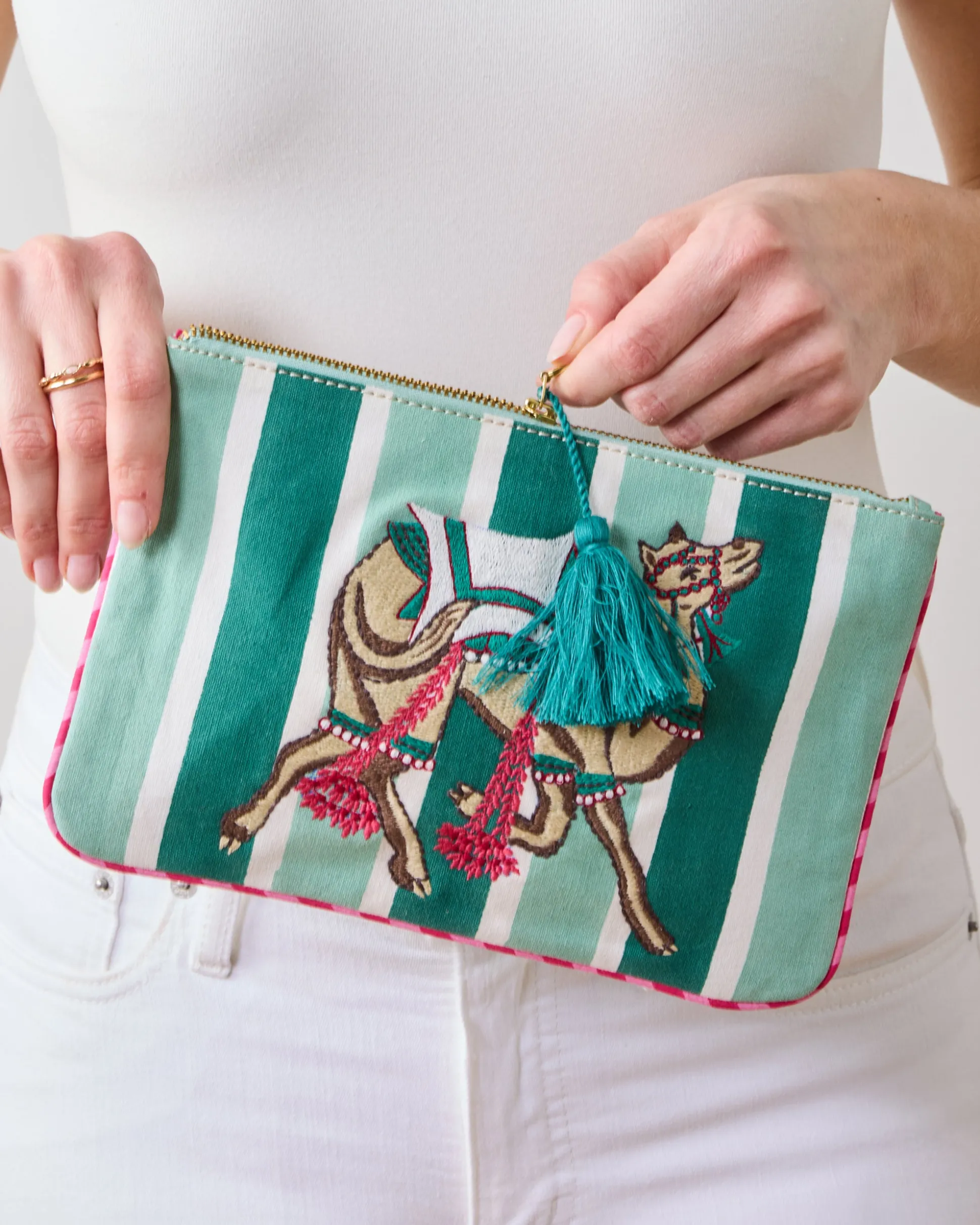 Embroidered Pouch in Camel's Courtyard