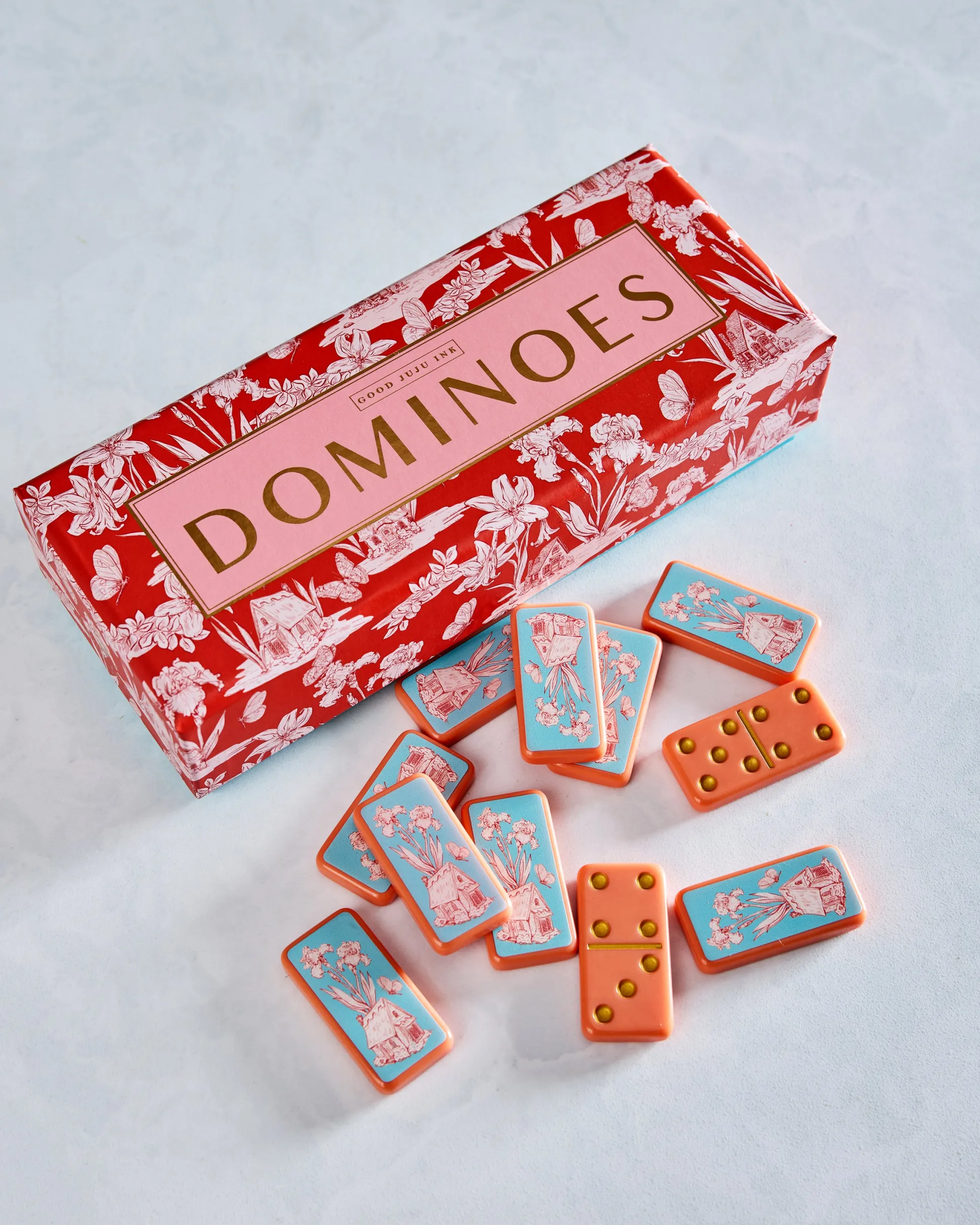 Fairy House Toile Domino Set in Coral