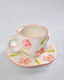 Flower Ceramic Mug and Saucer in Ivory Combo