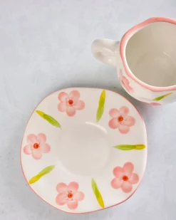 Flower Ceramic Mug and Saucer in Ivory Combo