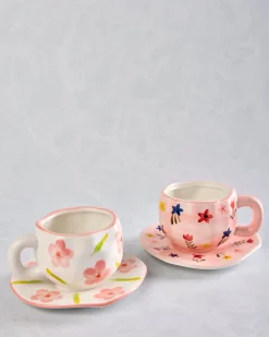 Flower Ceramic Mug and Saucer in Ivory Combo