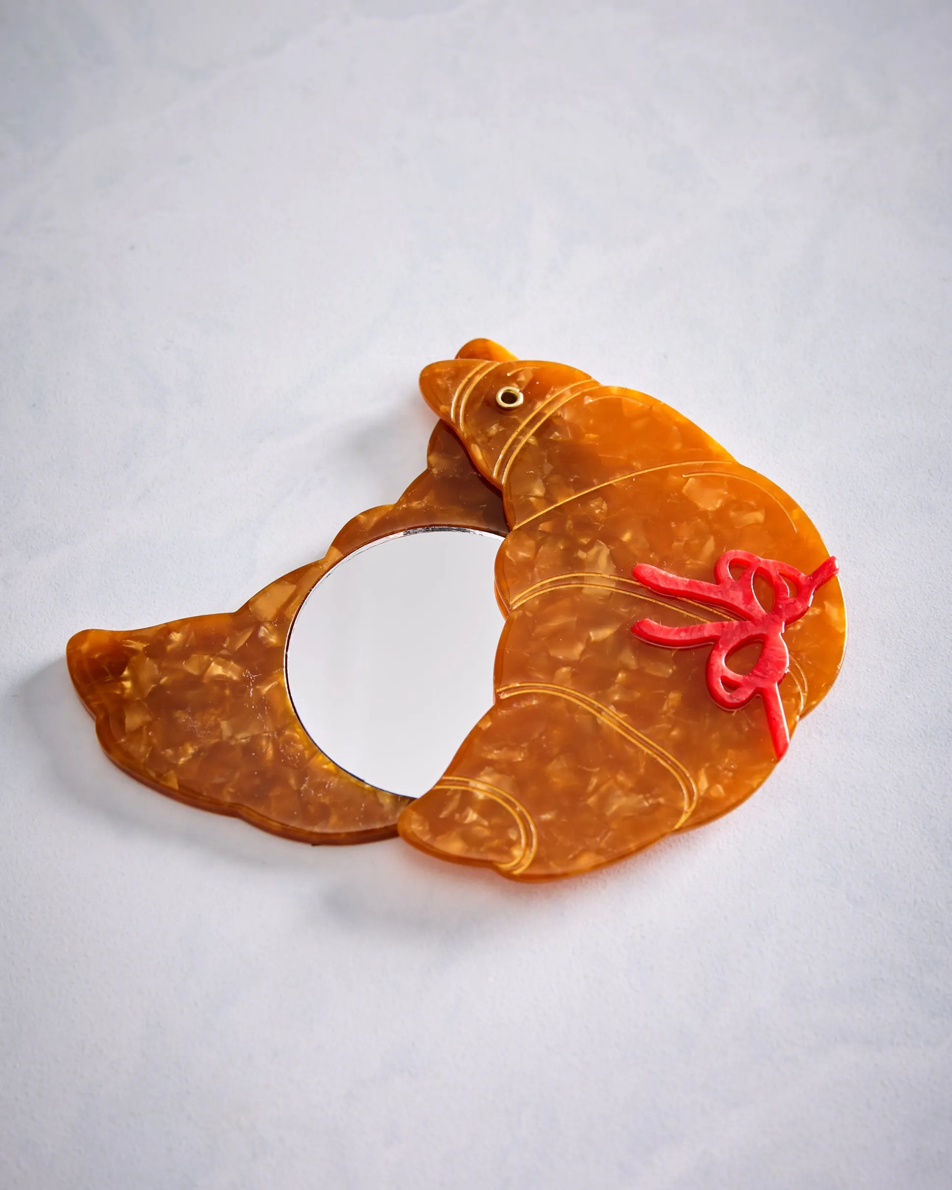 Hand Painted Bow Croissant Compact Mirror in Brown Combo
