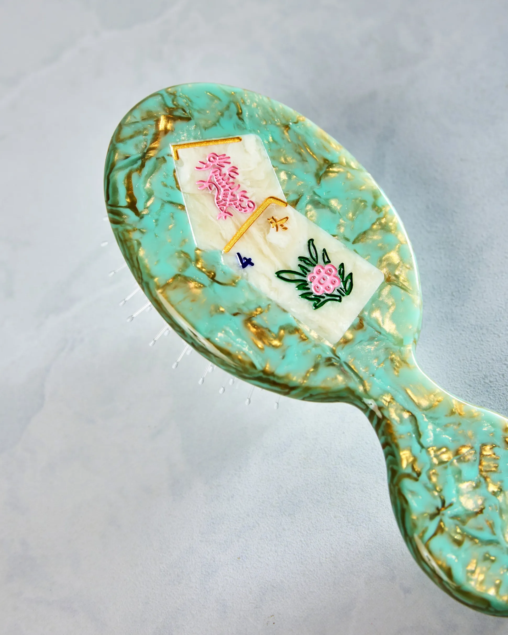 Hand Painted Flower Mahjong Handbag Hero Brush in Seafoam Combo