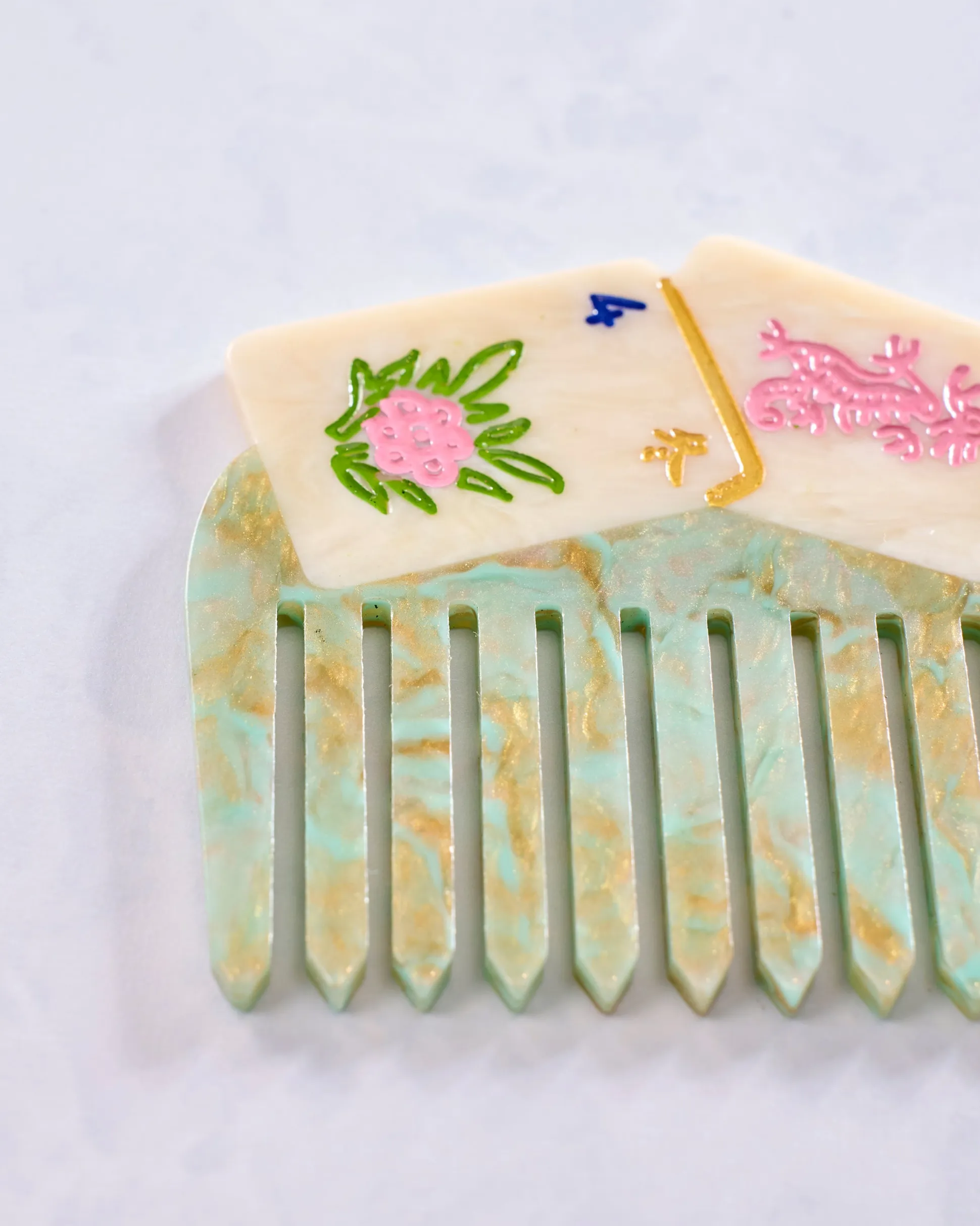 Hand Painted Flower Mahjong Pocket Comb in Green Combo