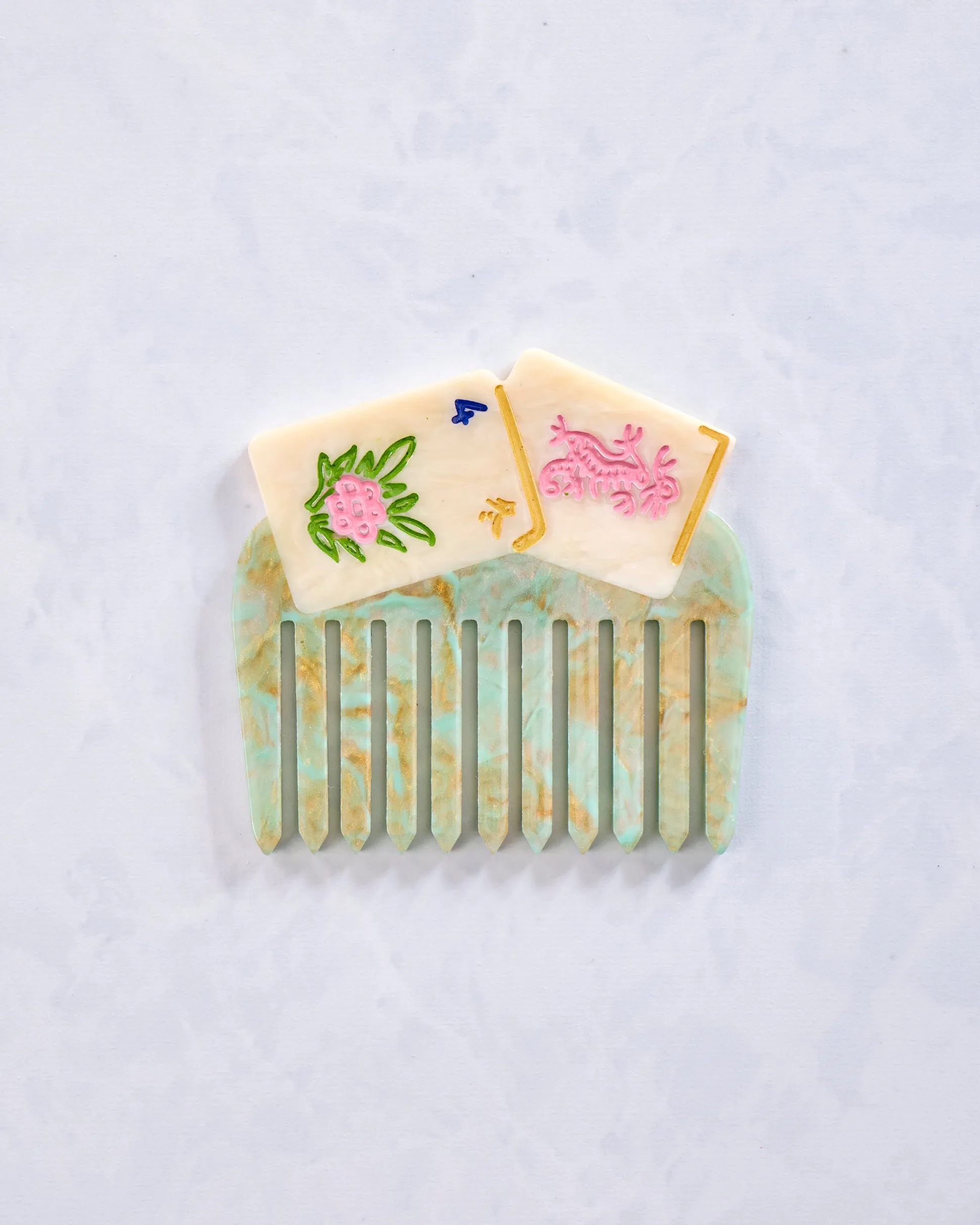 Hand Painted Flower Mahjong Pocket Comb in Green Combo