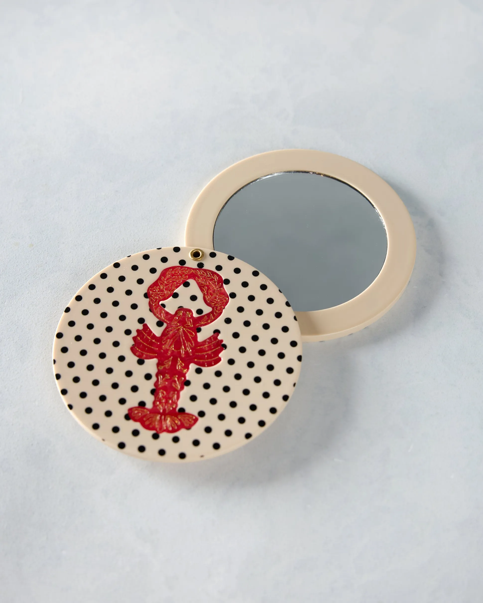 Hand Painted Lobster Compact Mirror in Polka Dot Combo