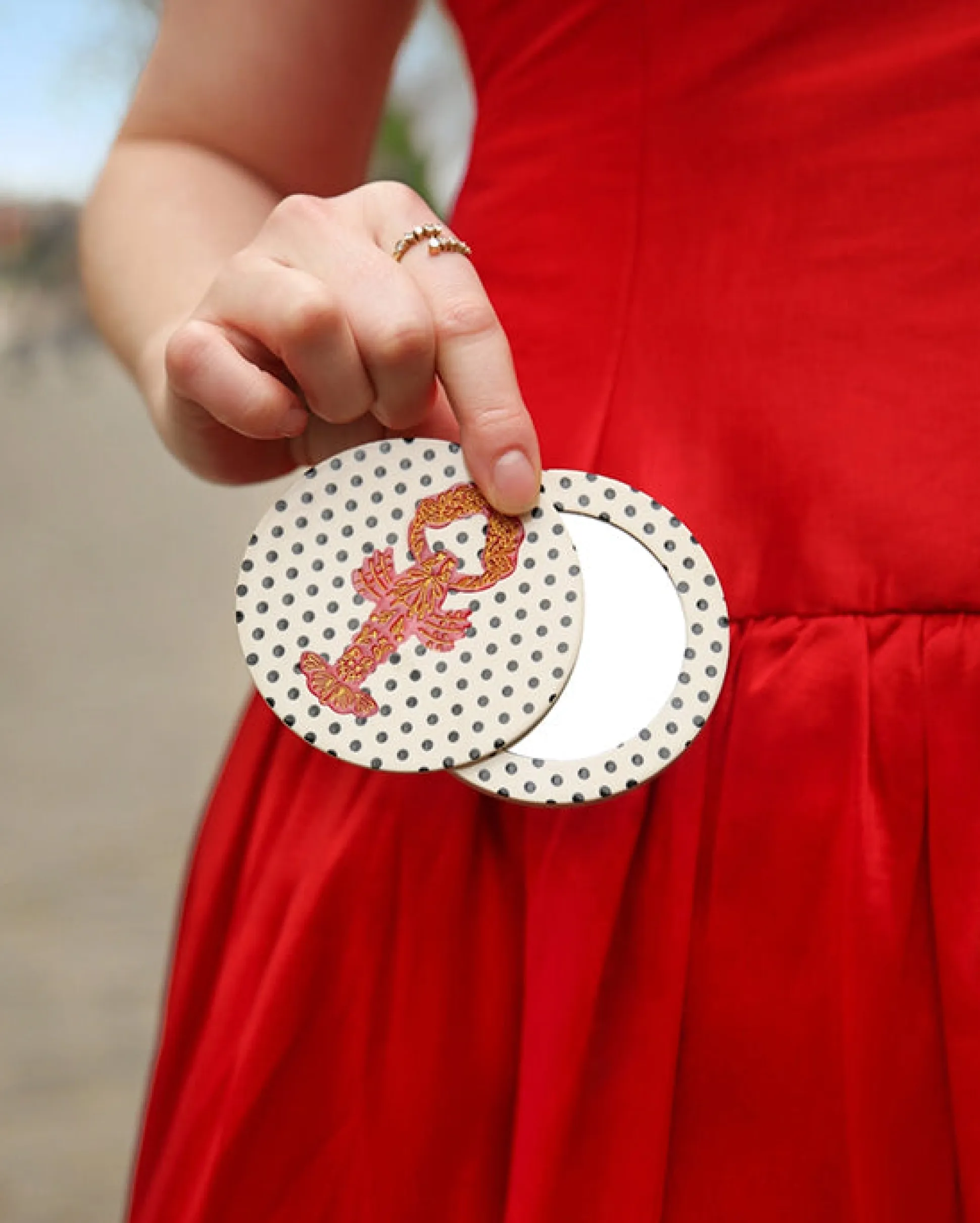 Hand Painted Lobster Compact Mirror in Polka Dot Combo