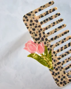 Hand Painted Vintage Tulips Detangling Wide Tooth Hair Comb in Leopard Combo