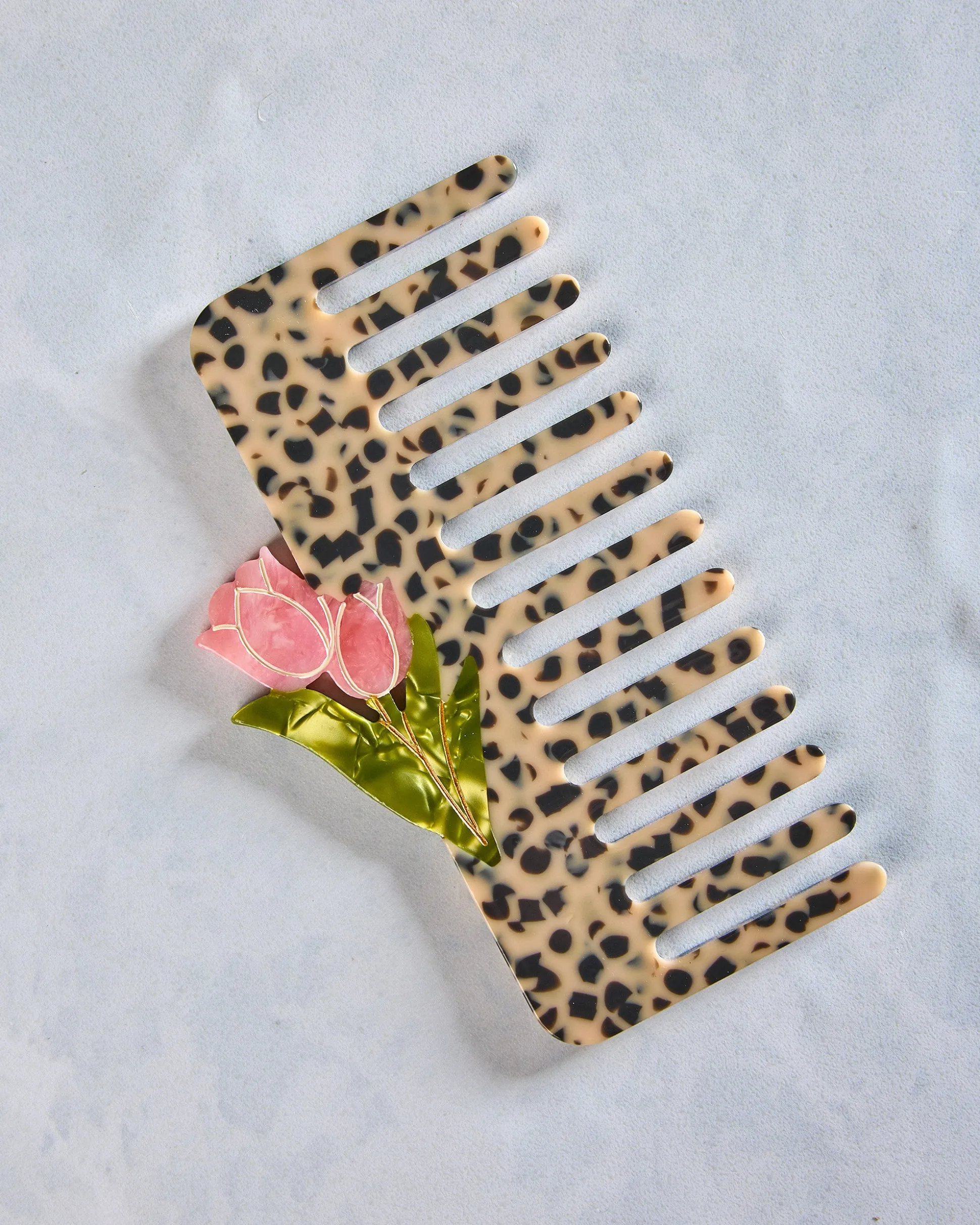 Hand Painted Vintage Tulips Detangling Wide Tooth Hair Comb in Leopard Combo